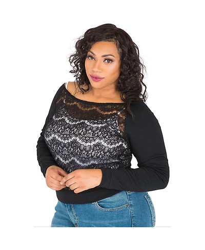 Women's Plus Curvy-Fit Lace Ponte Pullover Neck Tops