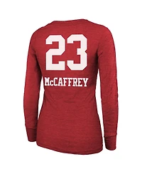 Women's Majestic Threads Christian McCaffrey Scarlet San Francisco 49ers Super Bowl Lviii Scoop Name and Number Tri-Blend Long Sleeve T-shirt