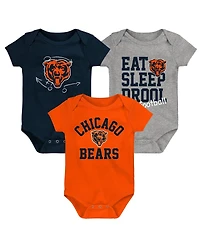 Baby Boys and Girls Orange, Navy, Heather Gray Chicago Bears Three-Pack Eat, Sleep and Drool Retro Bodysuit Set