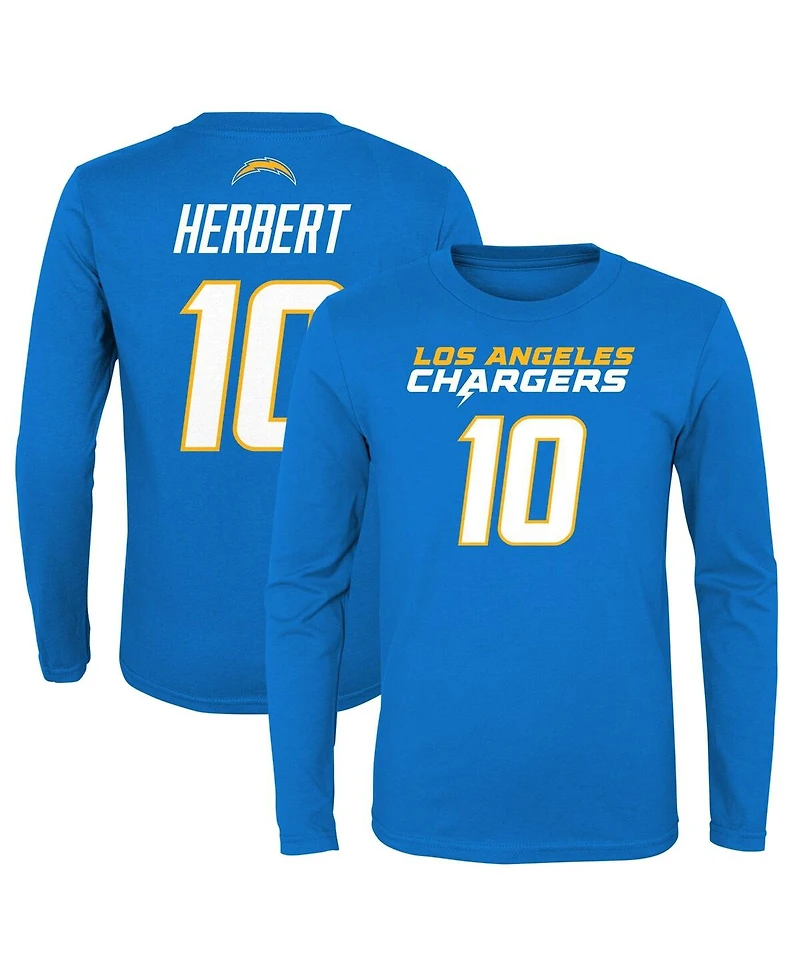 Big Boys and Girls Justin Herbert Powder Blue Los Angeles Chargers Mainliner Player Name Number Long Sleeve T-shirt