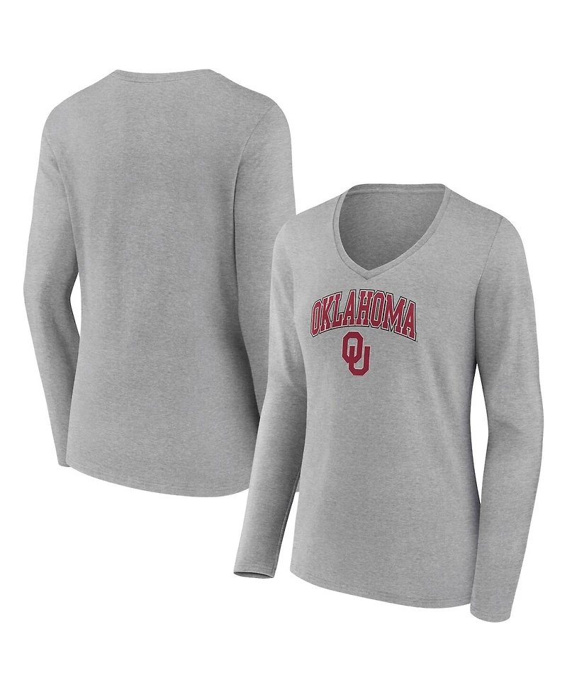 Women's Fanatics Heather Gray Oklahoma Sooners Evergreen Campus Long Sleeve V-Neck T-shirt