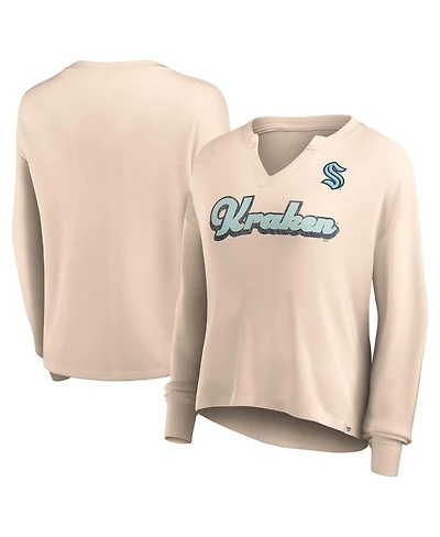 Women's Fanatics Oatmeal Distressed Seattle Kraken Go For It Notch Neck Waffle Knit Long Sleeve T-shirt