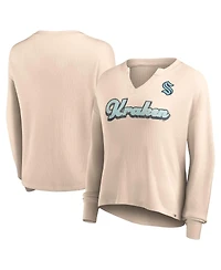 Women's Fanatics Oatmeal Distressed Seattle Kraken Go For It Notch Neck Waffle Knit Long Sleeve T-shirt
