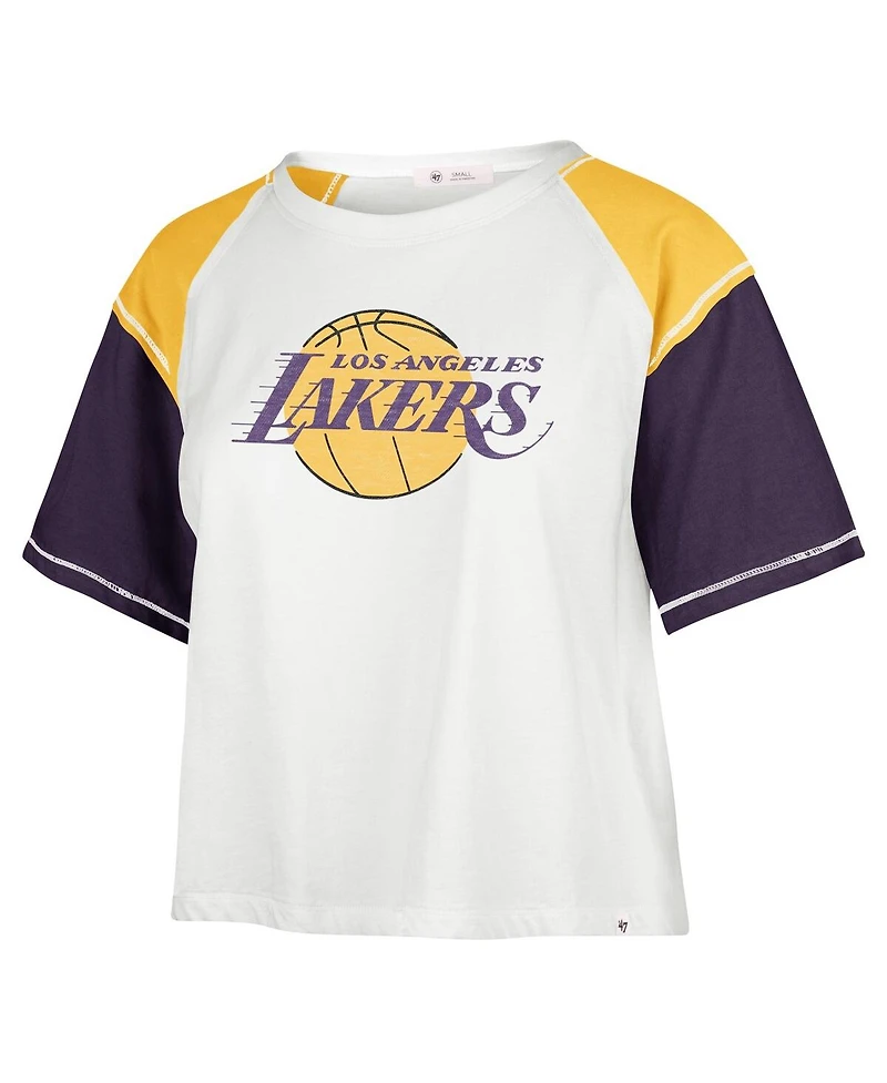 Women's '47 Brand Cream Distressed Los Angeles Lakers Premier Raglan Cropped T-shirt