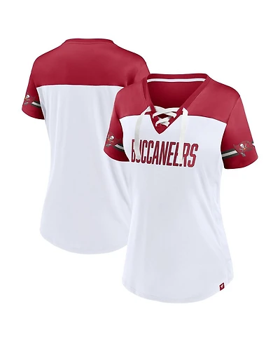 Women's Fanatics White Tampa Bay Buccaneers Dueling Slant V-Neck Lace-Up T-shirt