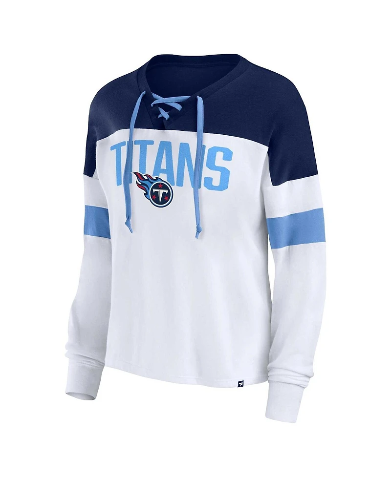 Women's Fanatics White, Navy Tennessee Titans Plus Size Even Match Lace-Up Long Sleeve V-Neck T-shirt