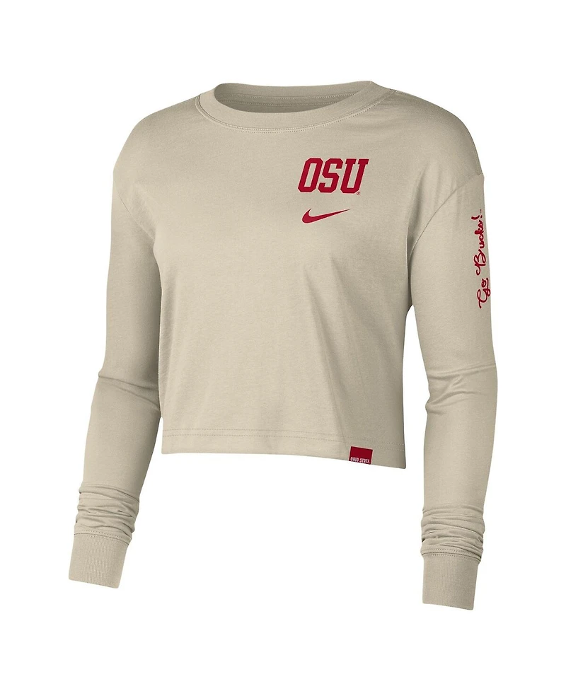 Women's Nike Cream Ohio State Buckeyes Varsity Letter Long Sleeve Crop Top