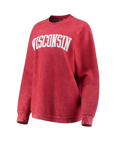 Women's Pressbox Red Distressed Wisconsin Badgers Comfy Cord Vintage-Like Wash Basic Arch Pullover Sweatshirt