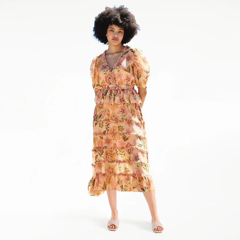 Jessie Zhao New York Gold Garden Metallic Midi Dress