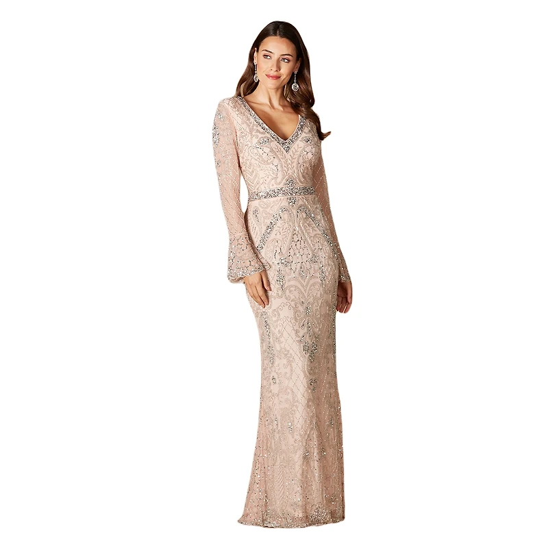 Lara Women's Long Bell sleeve V-neck Beaded Gown