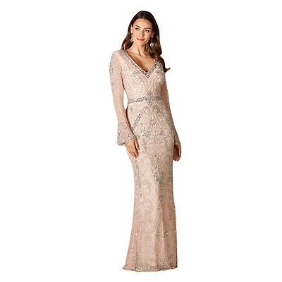 Lara Women's Long Bell sleeve V-neck Beaded Gown