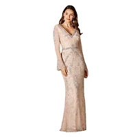 Lara Women's Long Bell sleeve V-neck Beaded Gown