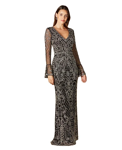 Lara Women's Long Bell sleeve V-neck Beaded Gown