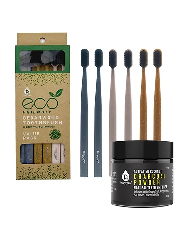 Natural Radiance Combo: Activated Coconut Charcoal Powder Natural Teeth Whitener + 100% Eco-friendly Cedarwood Toothbrushes (6 Pack)