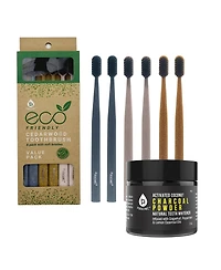 Natural Radiance Combo: Activated Coconut Charcoal Powder Natural Teeth Whitener + 100% Eco-friendly Cedarwood Toothbrushes (6 Pack)