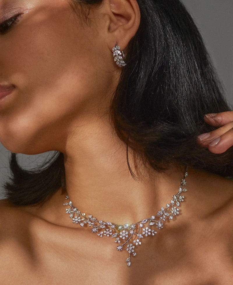 Eliot Danori Rhodium-Plated Cubic Zirconia Flower Statement Necklace, 16" + 2" extender, Created for Macy's