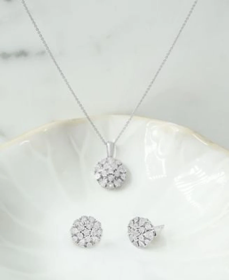 Diamond Flower Burst Stud Earrings Pendant Necklace Collection In Sterling Silver