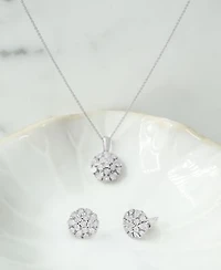 Diamond Flower Burst Stud Earrings Pendant Necklace Collection In Sterling Silver