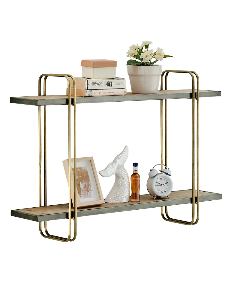 Danya B Two-Tier Warm Gold-Tone and Washed Oak Brown Metal Hanging Bracket Wall Mounted Shelf