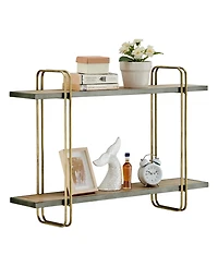 Danya B Two-Tier Warm Gold-Tone and Washed Oak Brown Metal Hanging Bracket Wall Mounted Shelf