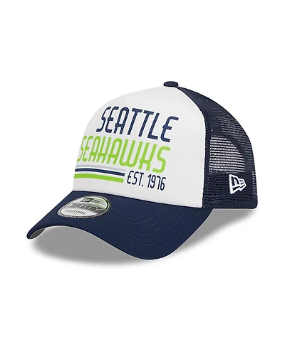 Men's New Era White, College Navy Seattle Seahawks Stacked A-Frame Trucker 9FORTY Adjustable Hat