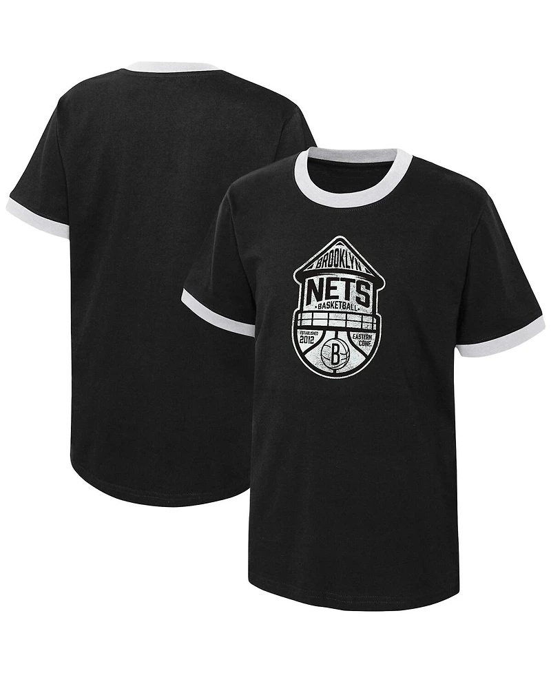 Big Boys Black Distressed Brooklyn Nets Hoop City Hometown Ringer T-shirt