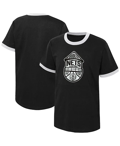 Big Boys Black Distressed Brooklyn Nets Hoop City Hometown Ringer T-shirt