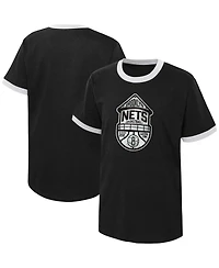 Big Boys Black Distressed Brooklyn Nets Hoop City Hometown Ringer T-shirt