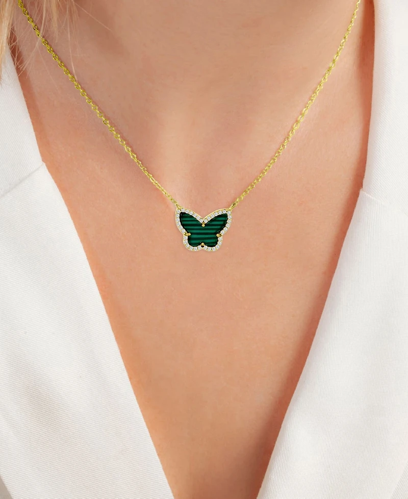 Simulated Malachite & Cubic Zirconia Butterfly Pendant Necklace in 14k Gold-Plated Sterling Silver, 18" + 2" extender