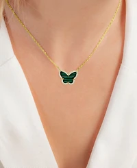 Simulated Malachite & Cubic Zirconia Butterfly Pendant Necklace in 14k Gold-Plated Sterling Silver, 18" + 2" extender