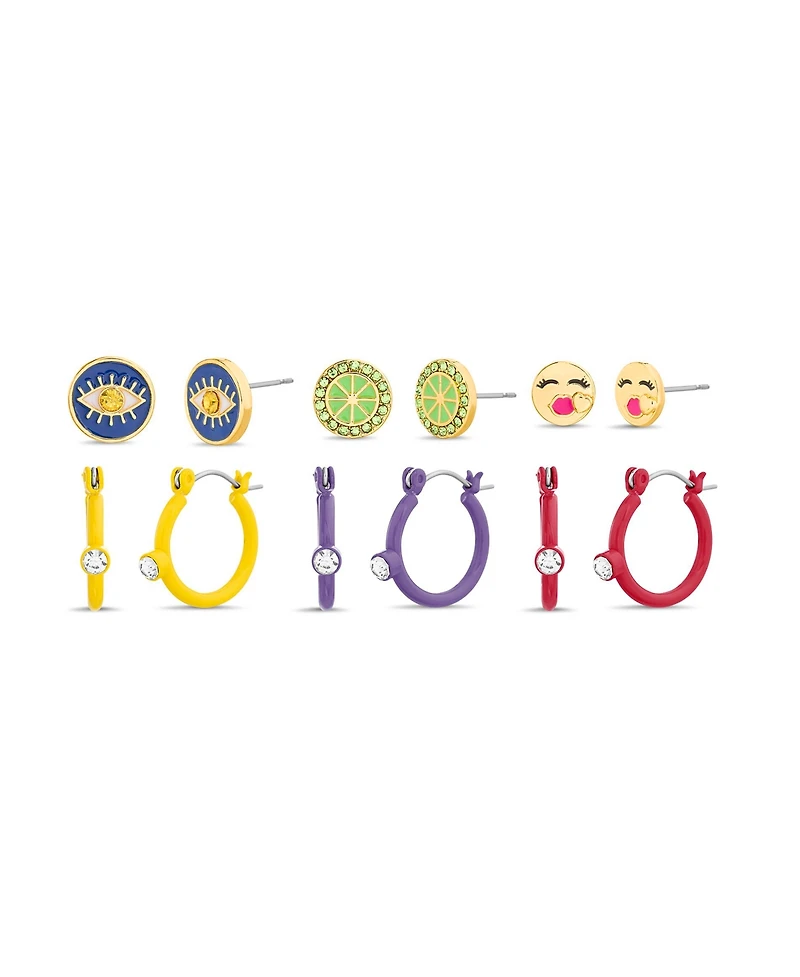 kensie 6 Piece Mixed Cubic Zirconia Evil Eye, Lime and Kiss Emoji Stud and Hoop Earring Set