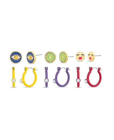 kensie 6 Piece Mixed Cubic Zirconia Evil Eye, Lime and Kiss Emoji Stud and Hoop Earring Set