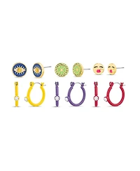 kensie 6 Piece Mixed Cubic Zirconia Evil Eye, Lime and Kiss Emoji Stud and Hoop Earring Set