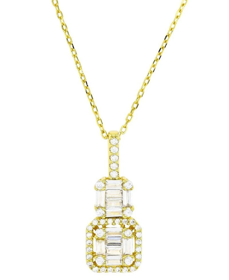 Cubic Zirconia Round & Baguette Double Cluster Pendant Necklace in 14k Gold-Plated Sterling Silver, 18" + 2" extender