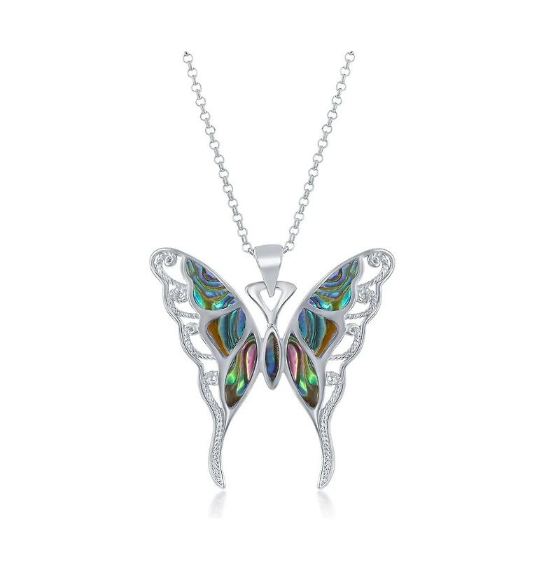 Sterling Silver Large Abalone Butterfly Pendant Necklace