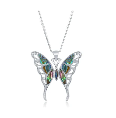 Sterling Silver Large Abalone Butterfly Pendant Necklace