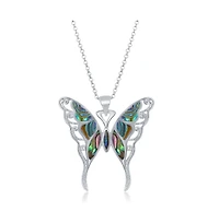 Sterling Silver Large Abalone Butterfly Pendant Necklace