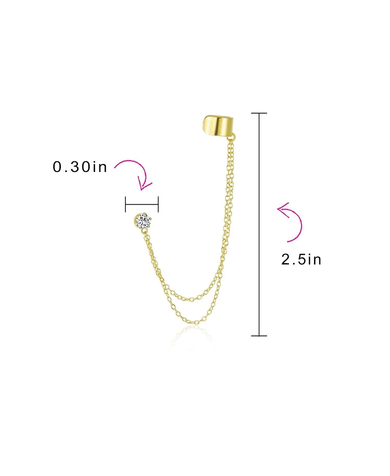 Bling Jewelry Geometric Cartilage Plain Band With Two Chains Ear Warp Cuff Cz Cubic Zirconia Stud Lobe Earring Rose Gold Plated .925 Sterling Silv