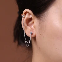 Bling Jewelry Geometric Cartilage Plain Band With Two Chains Ear Warp Cuff Cz Cubic Zirconia Stud Ear Lobe Earring Rose Gold Plated Sterling Silver