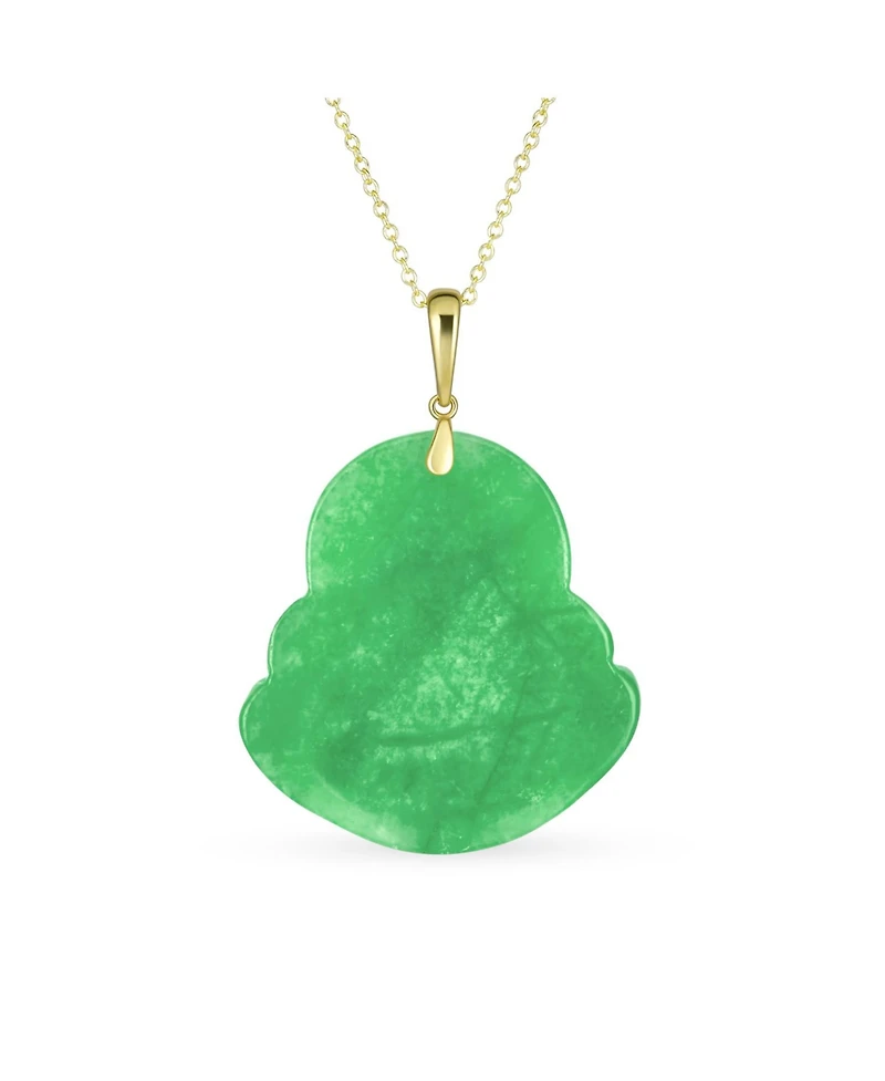 Bling Jewelry Yogi Amulet Large Statement Thai Spiritual Green Natural Jade Carved Laughing Buddha Pendant Necklace Men Gold Plated Sterling Silver 18