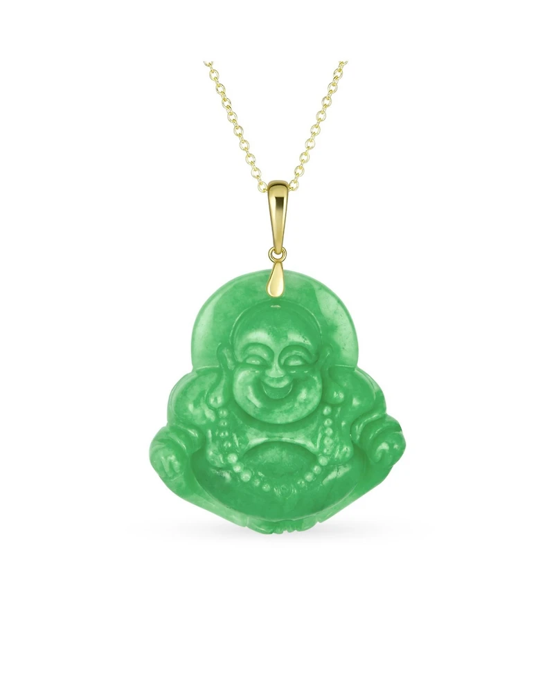 Bling Jewelry Yogi Amulet Large Statement Thai Spiritual Green Natural Jade Carved Laughing Buddha Pendant Necklace Men Gold Plated Sterling Silver 18