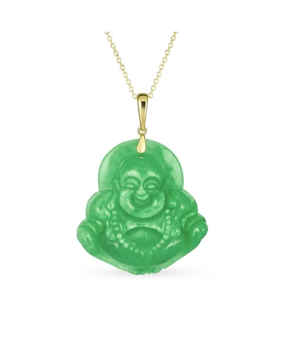 Bling Jewelry Yogi Amulet Large Statement Thai Spiritual Green Natural Jade Carved Laughing Buddha Pendant Necklace Men Gold Plated Sterling Silver 18