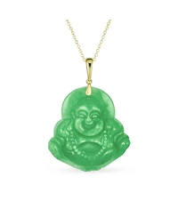 Bling Jewelry Yogi Amulet Large Statement Thai Spiritual Green Natural Jade Carved Laughing Buddha Pendant Necklace Men Gold Plated Sterling Silver 18