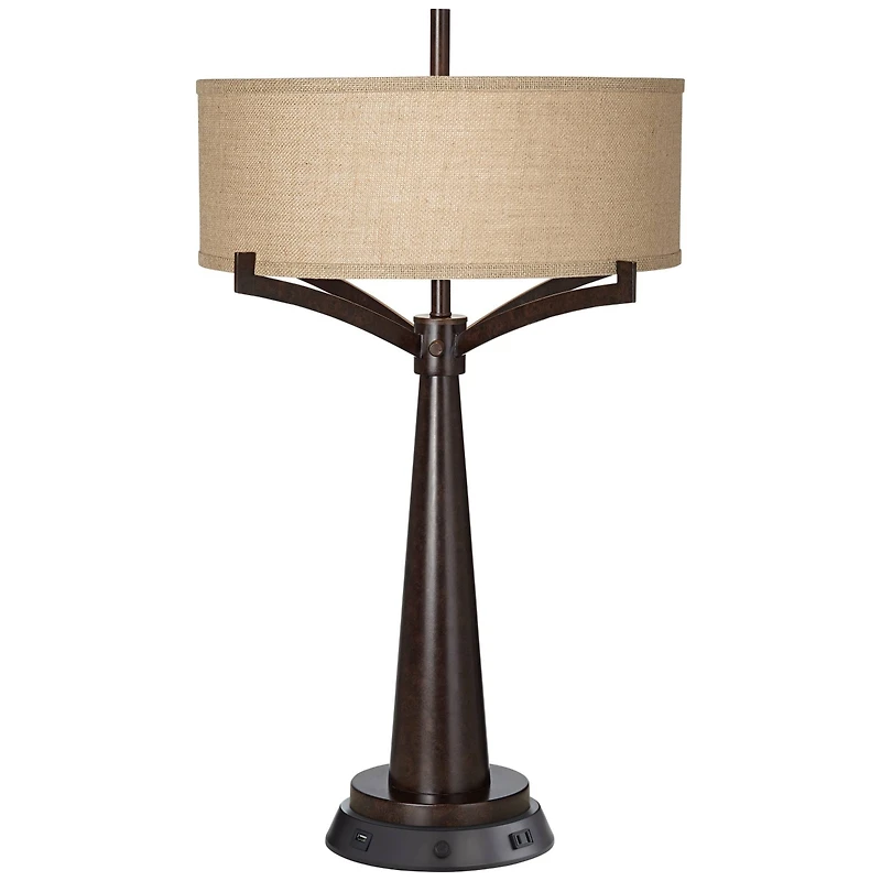 Tremont Rustic Farmhouse Table Lamp 31 1/2" Tall with Usb and Ac Power Outlets in Base Bronze Iron Dimmable Burlap Drum Shade for Bedroom Living Room