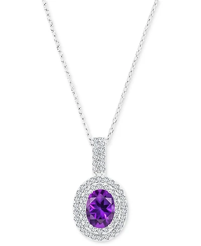 Amethyst (1-1/20 ct. t.w.) & Lab-Grown White Sapphire (1/2 Oval Halo Birthstone Pendant Necklace Sterling Silver, 16" + 2" extender (Also