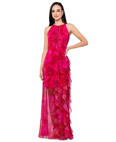 Betsy & Adam Women's Printed Ruffled Halter Gown