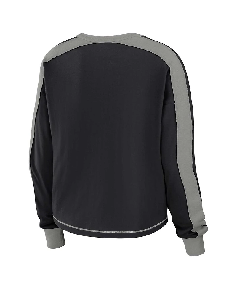 Women's Wear by Erin Andrews Black, Silver Las Vegas Raiders Color Block Modest Crop Long Sleeve T-shirt