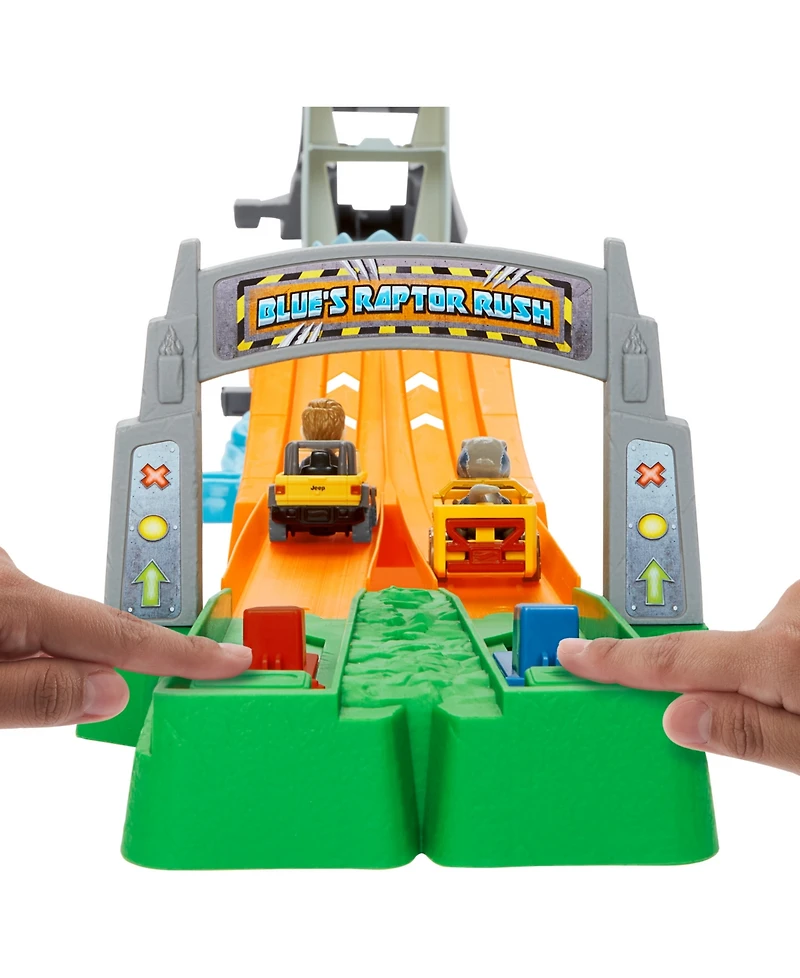 RacerVerse Jurassic World Blue's Raptor Rush Track Set with 2 Toy Die-Cast Vehicles