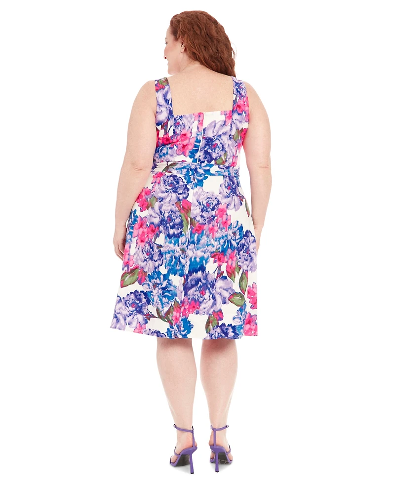 London Times Plus Size Floral-Print Square-Neck Dress