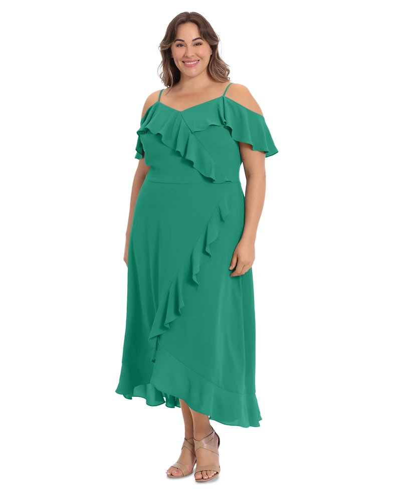 London Times Plus Size Ruffled Cold-Shoulder Maxi Dress
